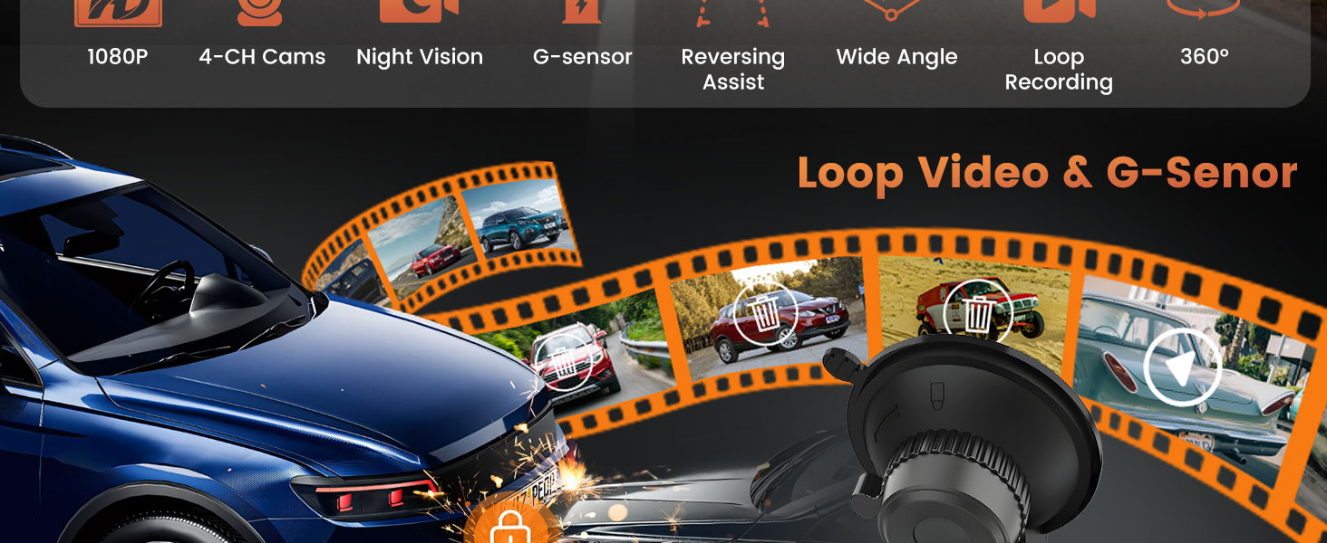 Автомобільна відеореєстратор (Dashcam) 4 Канали 360° з 4 камерами FHD 1080P (передня, задня, ліва, права), 2.4