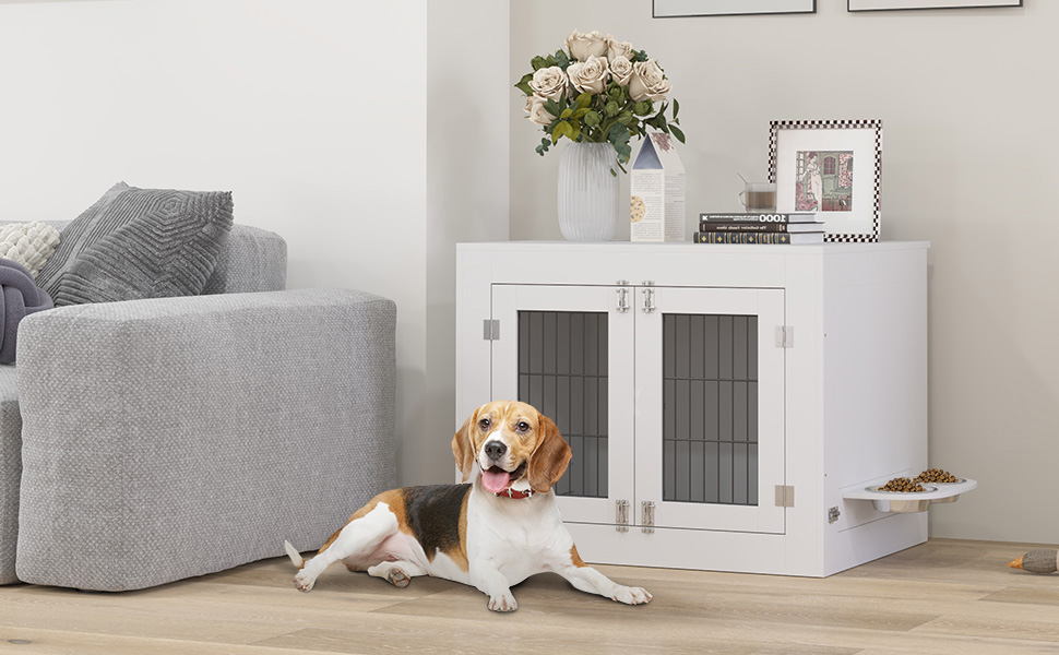 PawHut Будка для собак, дерев'яна, з 2 обертовими мисками, 2 двері, столиком, для собак середніх порід до 20 кг, 80 x 60 x 63 см, біла