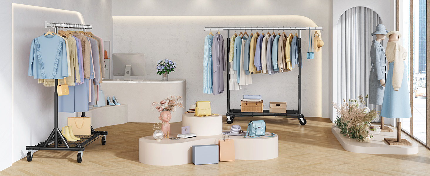 Легкий мобільний вішак для одягу на колесах FAVOOOSTY, металевий, до 200 кг, чорний, 1 стяжка