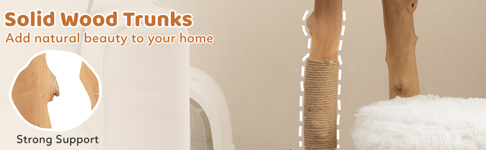 Дерев'яна кігтеточка SOARS для котів з 3 природними стовбурами, ліжком та плюшевими поверхнями, з іграшковим м'ячиком та джутовим мотузком, багатоповерхова, біла (124 см)