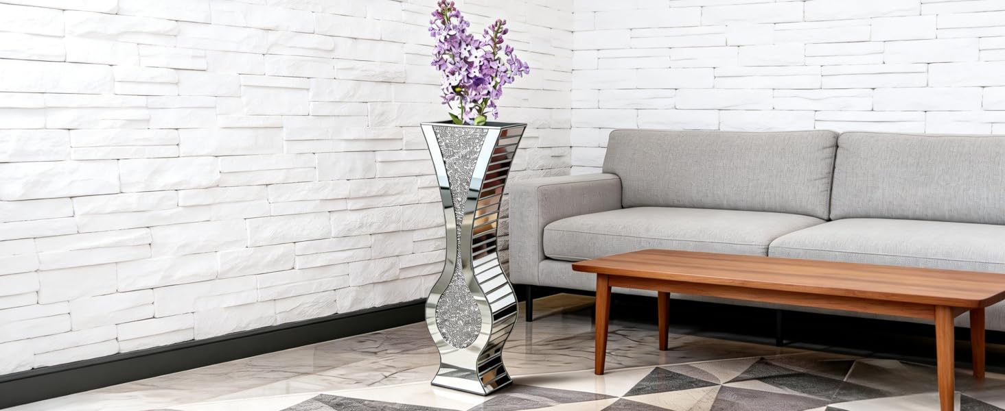 Ваза для квітів велика 68 см, підлогова ваза: срібна ваза з кристалами для пампас трави, скляна ваза з дзеркальним покриттям, декоративна ваза з блискітками для вітальні, декор інтер'єру – не для води (21.5L x 13B x 68.5H cm)