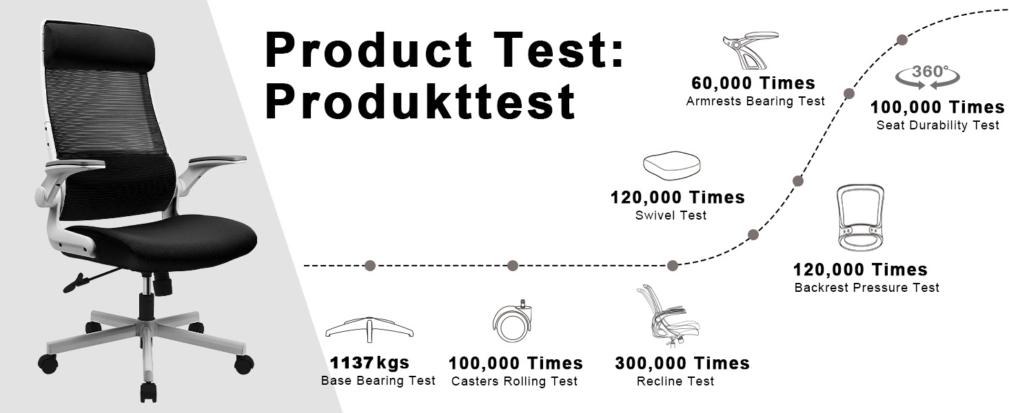 Ергономічне крісло для офісу з регульованою підголівником, крісло для робочого столу з сітки, відкидні підлокітники, широке сидіння, функція гойдання, комп'ютерне крісло EN 1335, офісне крісло 200 кг (чорно-біле)