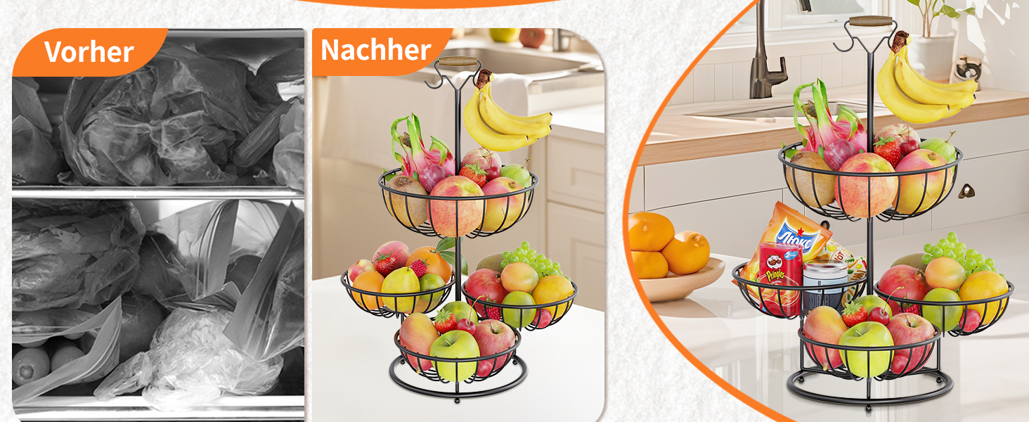 Багатоярусна фруктова корзина PouHenier.jh 5 ярусів, чорна, для фруктів та овочів з підставкою для бананів