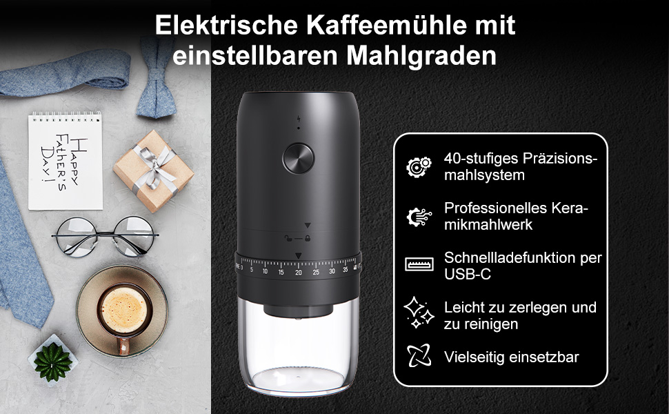 Електрична кавомолка HOTUT з регулюванням помелу, 40 ступенів, з керамічним жорном, акумулятор 1800mAh для подорожей та кемпінгу