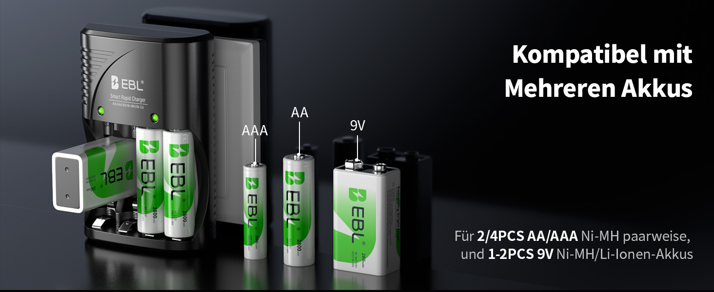 Зарядний пристрій EBL для акумуляторів AA, AAA, 9V + 4x AA 2800mAh акумулятори в комплекті