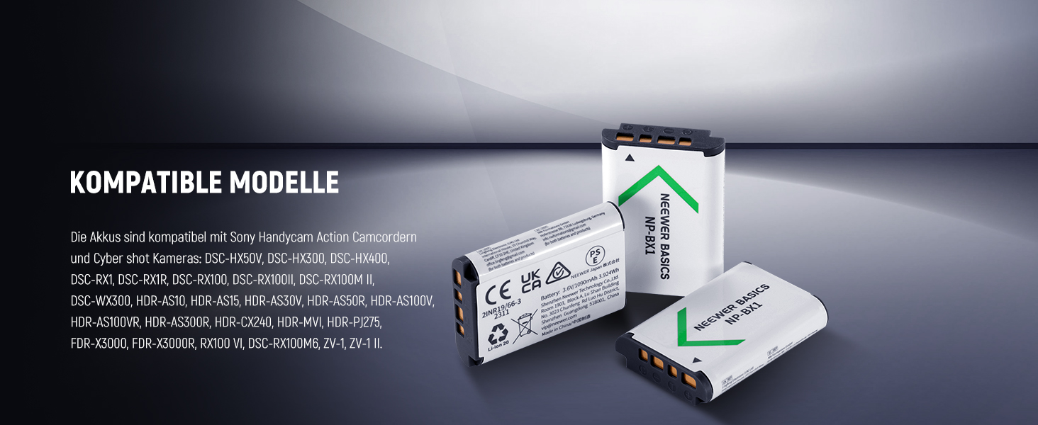 NEEWER 3 шт. Запасні акумулятори NP-BX1 з USB зарядним пристроєм, 1090mAh, сумісні з Sony ZV1, ZV-1 II, RX100, RX100II, RX100M II, HDR-AS15, HDR-AS30