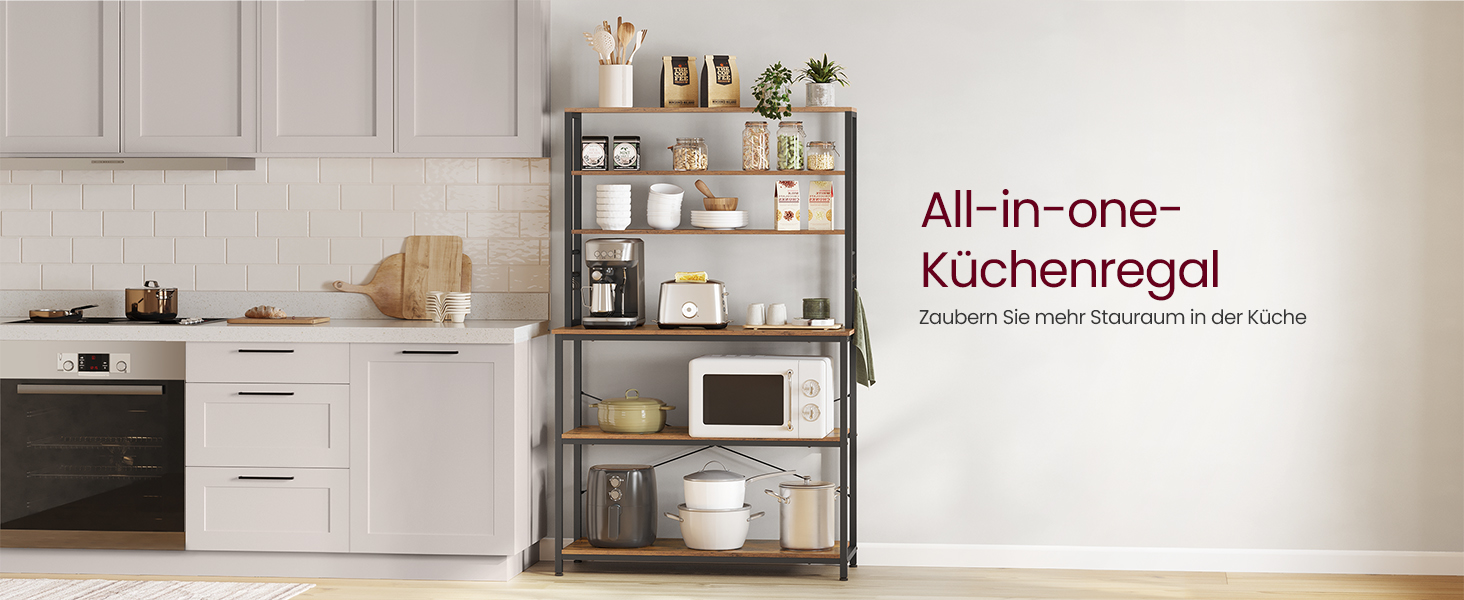 Стелаж кухонний VASAGLE з 6 полицями та гачками, 40 x 60 x 167 см, колір горіх + білий