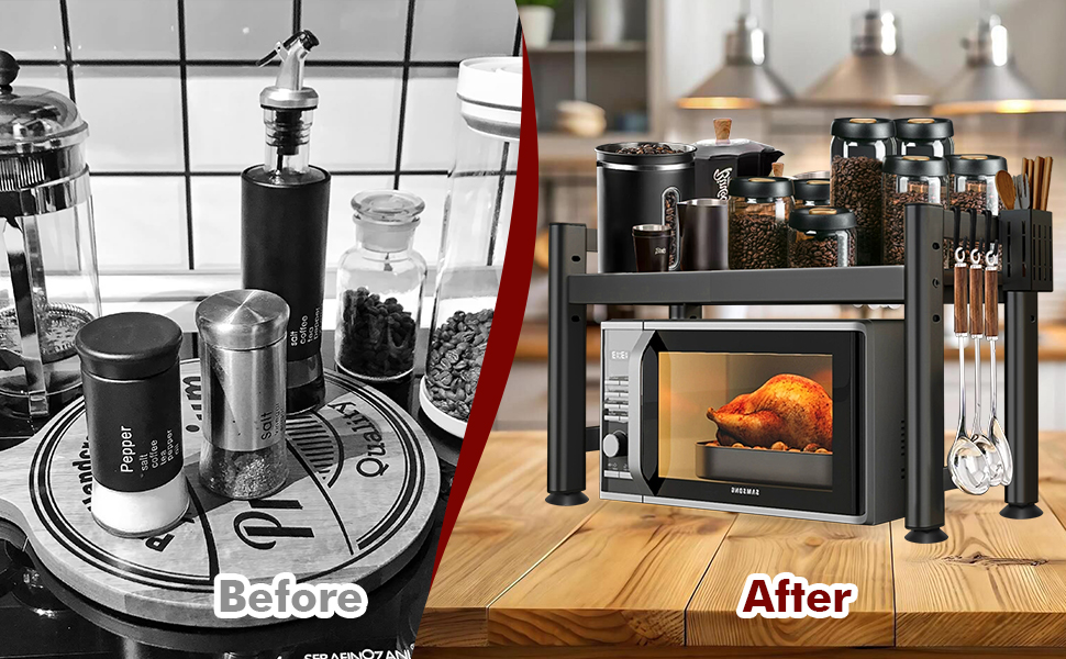 Регульована підставка для мікрохвильової печі, 2-рівнева розширювана полиця для кухні, полиця для робочої поверхні, вуглецева сталь, полиця для мікрохвильової печі з 8 гачками, тримач для кухонного приладдя, чорний