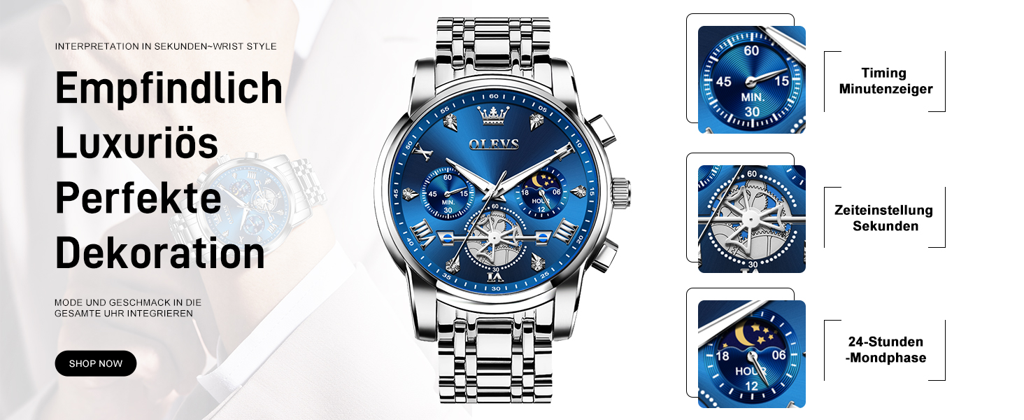Годинник чоловічий OLEVS 2856 з фазами місяця, хронограф, кварц, нержавіюча сталь, водостійкий, блакитно-сріблястий