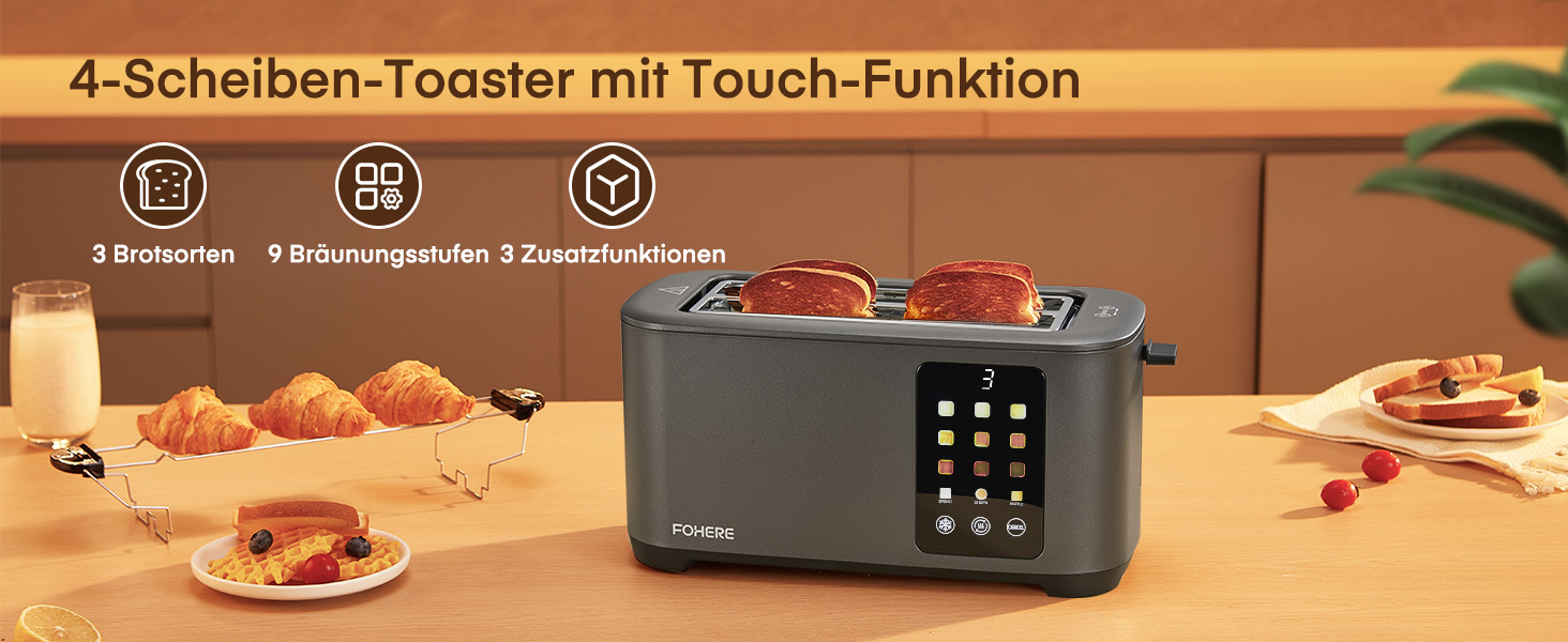 Тостер на 4 підсмажувальні слоти, 1400W, нержавіюча сталь, довгі слоти, 9 режимів підсмажування, 3 види хліба, функція відключення, розморожування та підігріву, сенсорне керування, з насадкою для бутербродів (сірий)