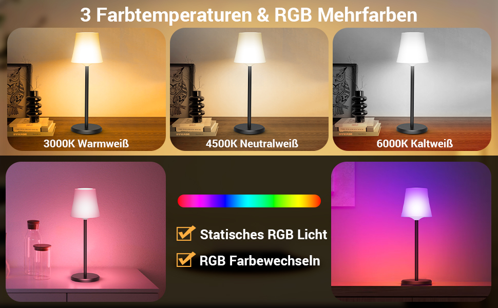 LED Настільна лампа акумуляторна бездротова 2 шт, сенсорна, 3 кольори світла + RGB, димування, USB-C, IP54, для спальні, вулиці, ресторану, бару