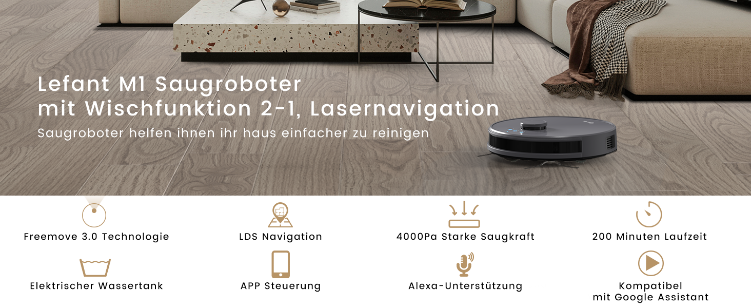 Робот-пилосос LEFANT Gen2 з функцією миття, 12000Pa, автоматична випорожнення, LiDAR навігація, розпізнавання килима, керування через додаток Freemove 3.0 та голосове керування, 8 тижнів бездротової роботи (M1G)