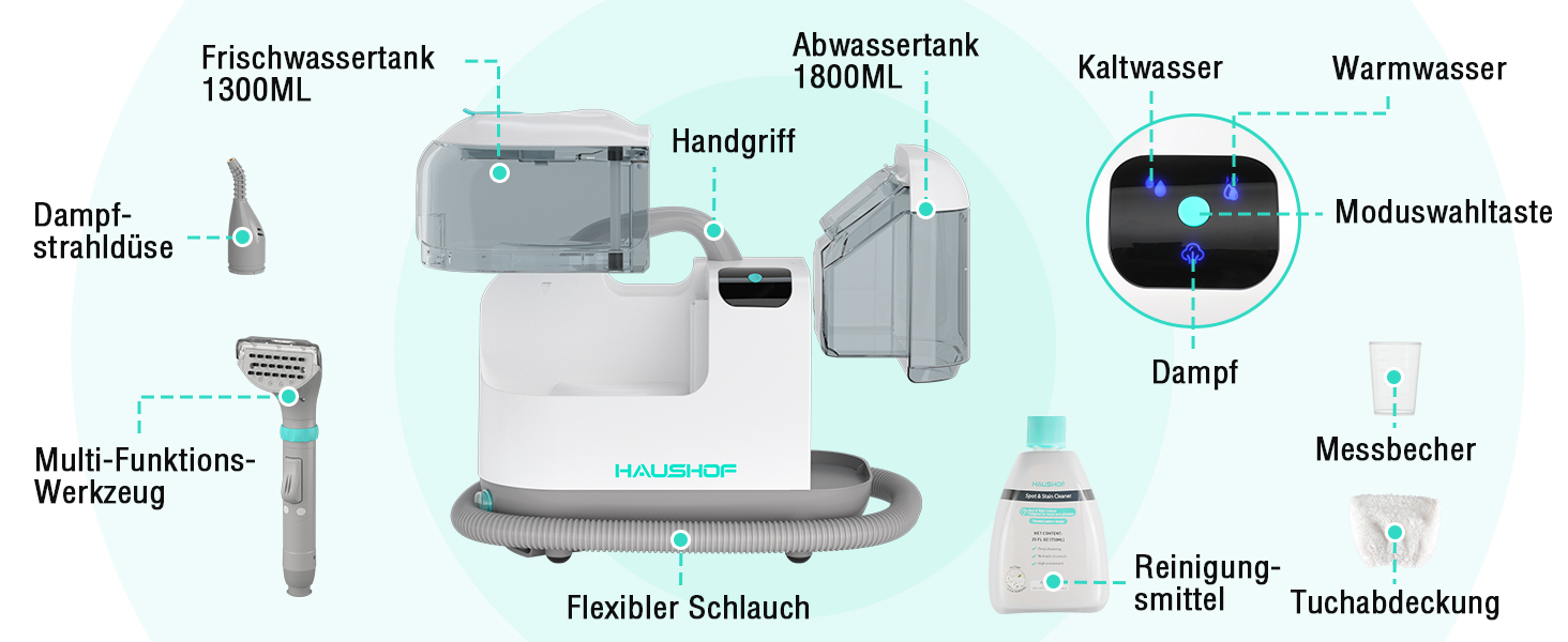 Пылесос с функцией пара HAUSHOF StainZapper Vapo: для коврів, диванів, авто. Очищувач з підігрівом та високою температурою. З миючим засобом.