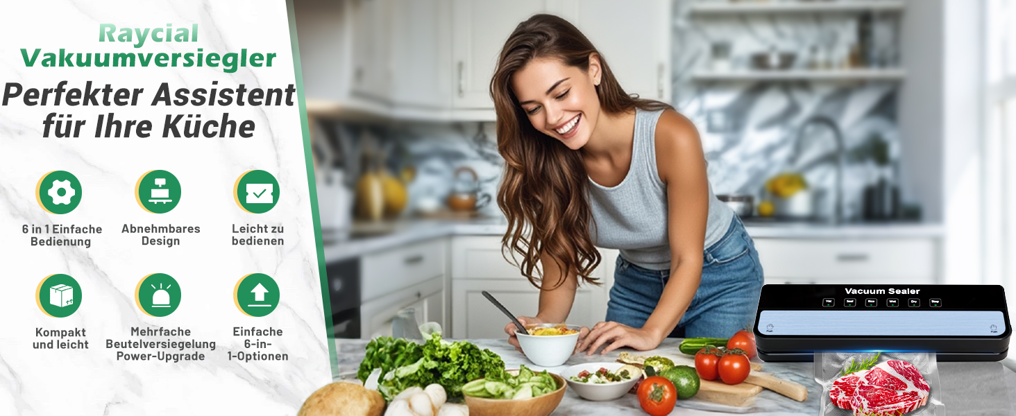 Вакуумний пакувальник Raycial: комплект з пакетами, для сухих та вологих продуктів, герметизатор харчових продуктів, компактний, автоматичний, чорний