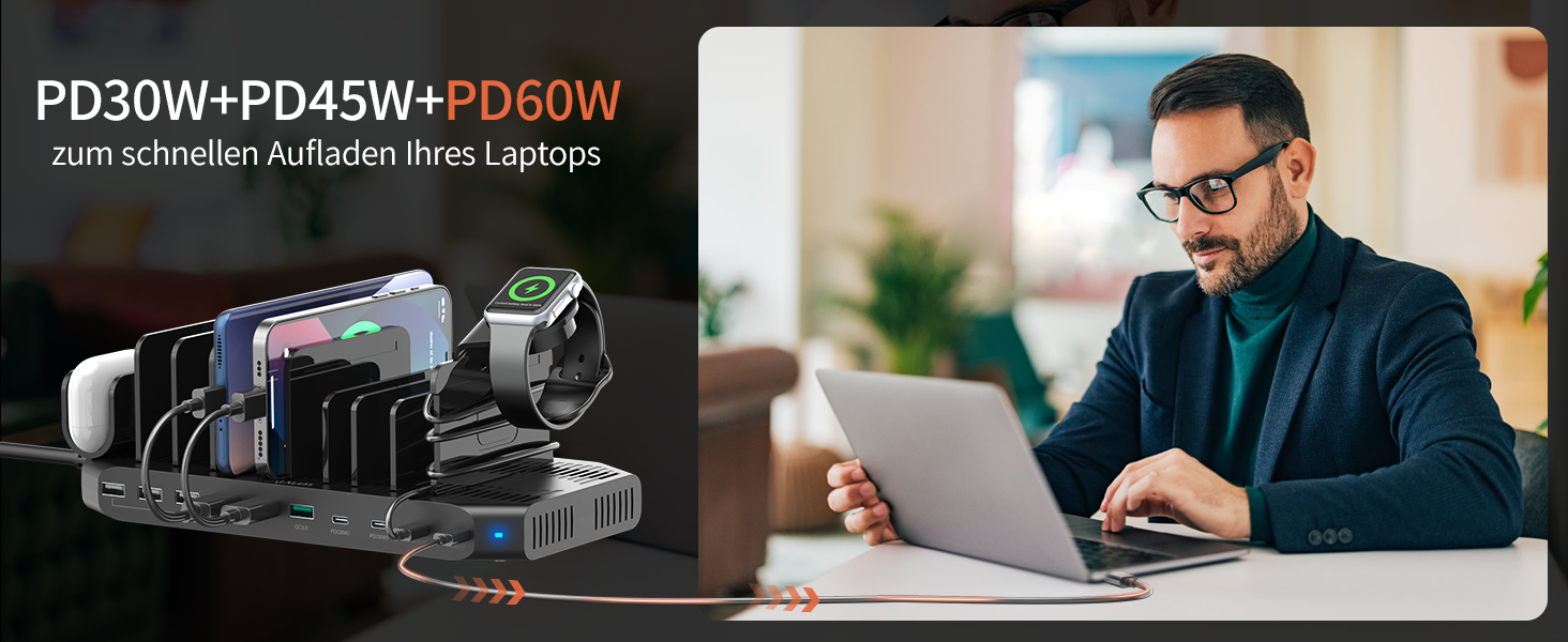 Зарядний пристрій Alxum 60W USB, 10 портів, 5V/2.4A, для телефонів, планшетів, Kindle, з регульованими перегородками, швидка зарядка QC 3.0, чорний