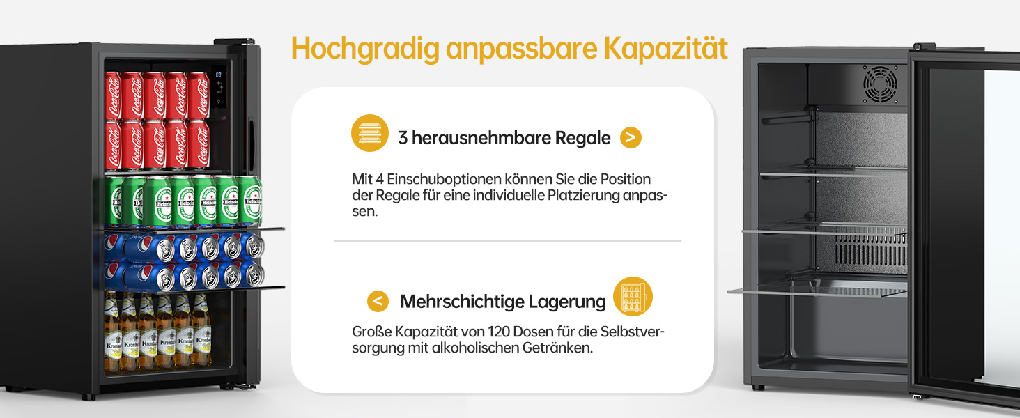Міні-холодильник для напоїв WIE з подвійними скляними дверцятами, регульованими полицями, 86 літрів, 120 банок, для соди/пива, для дому/кухні/бару/офісу