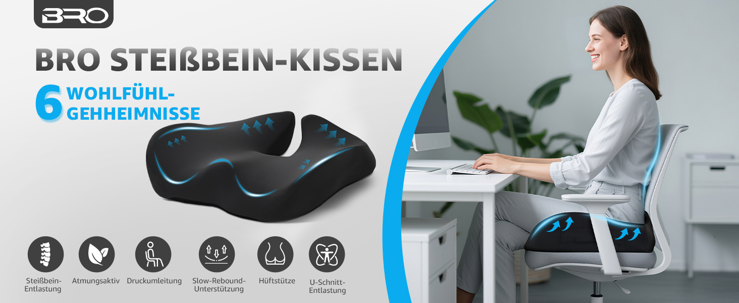 Ортопедична подушка для сидіння BRO Extra Großes з чохлом Ice Silk, Memory Foam. Ергономічна подушка для підтримки куприка для офісного крісла, авто та інвалідного візка.