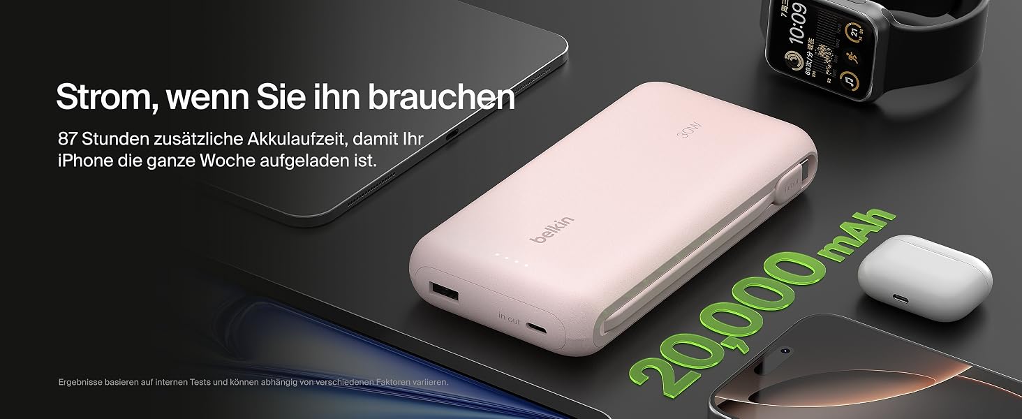 Повербанк Belkin Portable Powerbank 20000 mAh з вбудованим кабелем USB-C, швидка зарядка PD 30W для iPhone 16, iPad Pro, Samsung Galaxy S25, рожевий