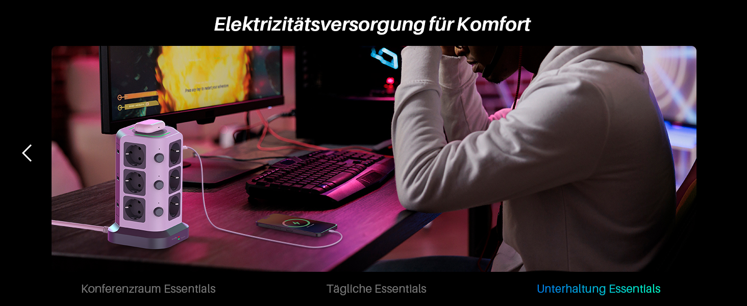 Многорозетка Koosla з USB-C, 12 розеток, захист від перенапруги 1500 Дж, індивідуальне вмикання, 5 м кабель, сіра (бездротовий заряд 30 Вт)