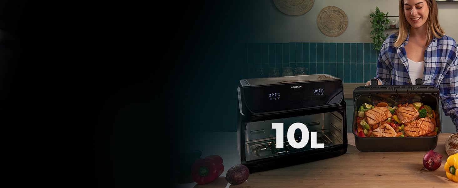 Фритюрниця без олії Cecotec Cecofry Grill Duoheat 8000 з грилем, 2200 Вт, 10 л, 8 меню, регулювання температури 80-200°C, цифровий дисплей, скло, для дієтичного харчування