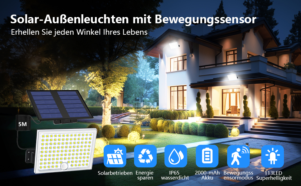 Solar Lights for Outdoors, Solar Light with Motion Sensor, 113 LED Solar Spotlight IP65 Waterproof Solar Split Wall Light with 5m Cable for Garage, Garden, Yard, Steps, Doorways, Lawn - 2 Pack