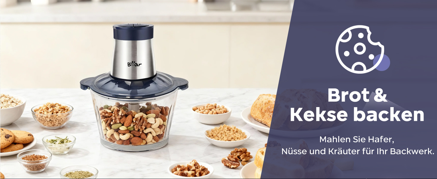 Електричний подрібнювач м'яса Bear 2L+1.8L з функцією м'ясоподрібнювача, 600W, 2 швидкості, зі скляною та нержавіючою сталлю, 4 леза, для м'яса, дитячого харчування, фруктів та овочів