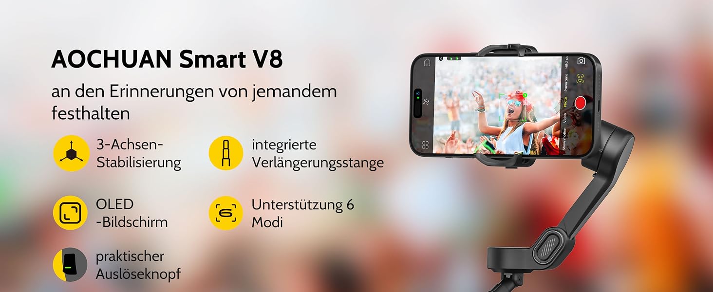 Стабілізатор для телефону Smart V8 Black з 3-осьовою стабілізацією та 7.8-дюймовою штангою, AI-трекінг, OLED-дисплей, кнопка зйомки
