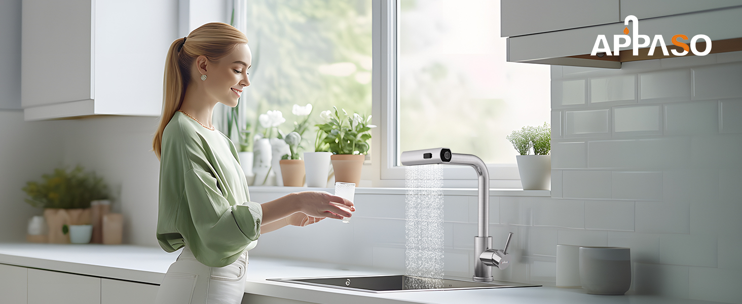 Чорний кухонний змішувач Appaso з висувною лійкою, 360° обертання, 2 режими струменя, для кухні | З нержавіючої сталі, водоспад