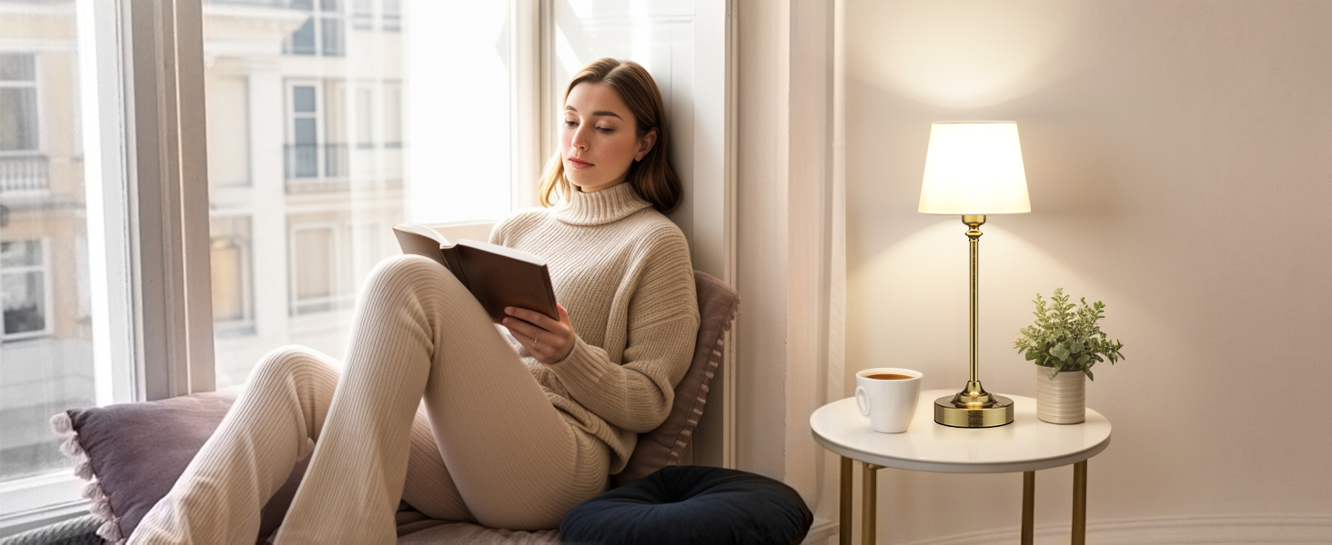 LED настільна лампа бездротова з торшером з льону, сенсорне керування, регулювання яскравості, USB-C, для спальні, вітальні, мідна, 40 см