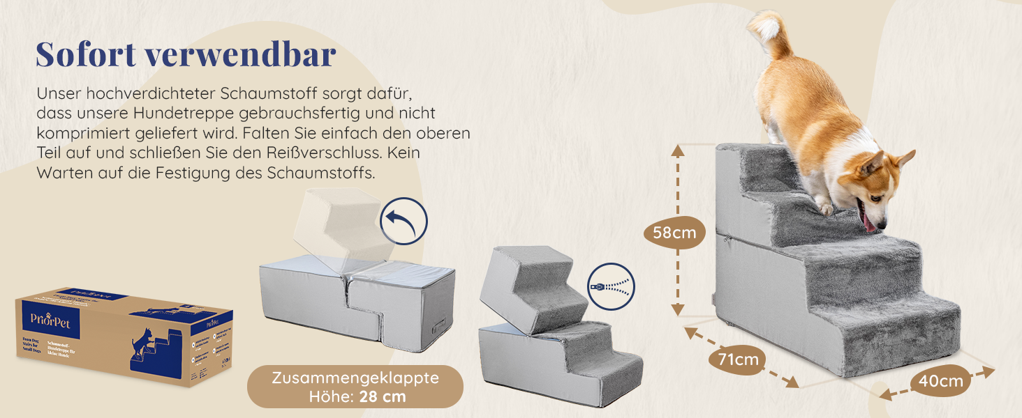 Сходинки для собак на ліжко та диван: 4 сходинки, 58 см, з пінопласту, для маленьких собак, безпечні та стабільні, знімний та пральний чохол, світло-сірий