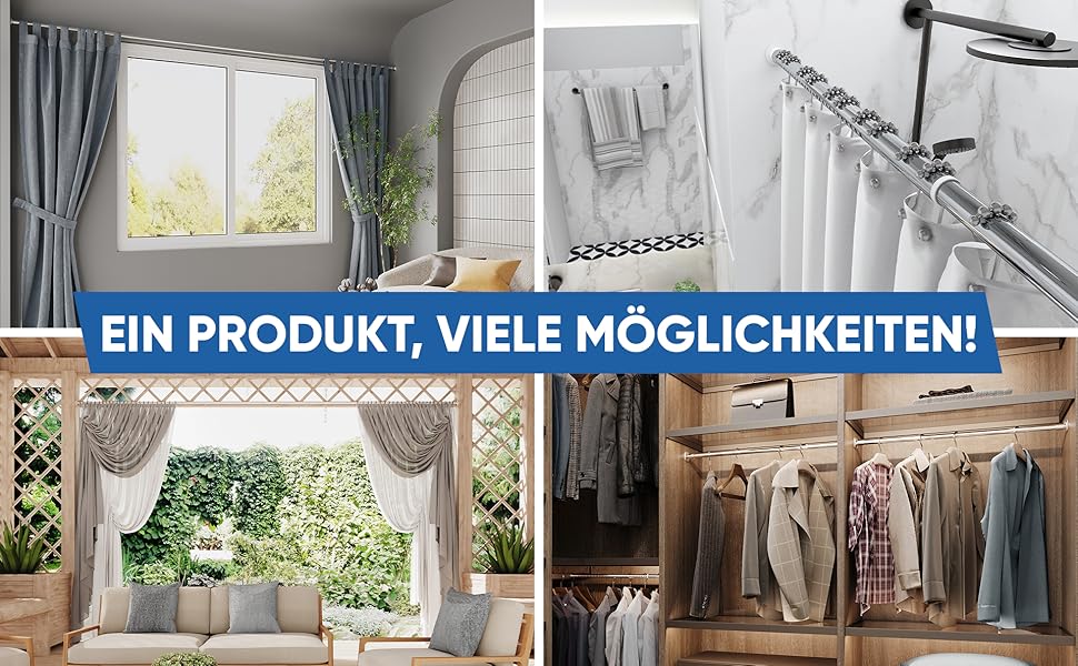 Штанга для душу без свердління 160-210 см, срібна, Ø 32 мм, телескопічна, з кріпленнями - для ванни, дверей, шафи. Нержавіюча сталь