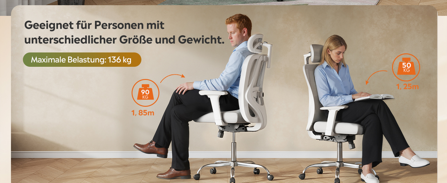 Офісне крісло Devaise: ергономічне крісло з регульованою спинкою, підголівником та поперековою підтримкою, 3D підлокітниками, 3-ступеневим нахилом та дихаючою сіткою для дому та офісу, біле