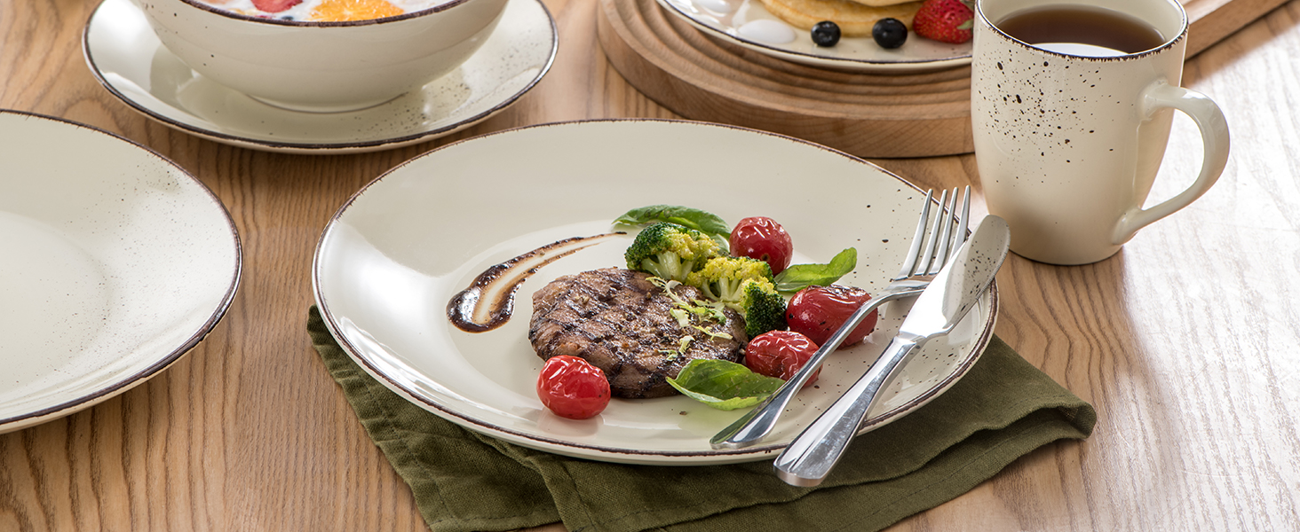 Набір посуду Vancasso NAVIA, 16 предметів, кераміка, для 4 осіб, розпис, тарілки, салатники, миски, кремовий