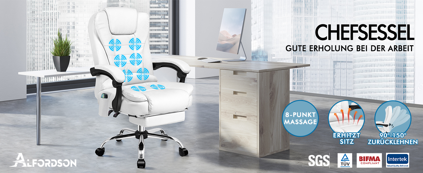 Офісне крісло Alfordson з ергономічною підтримкою попереку, регульоване, з підлокітниками та функцією масажу, PU шкіра, біле