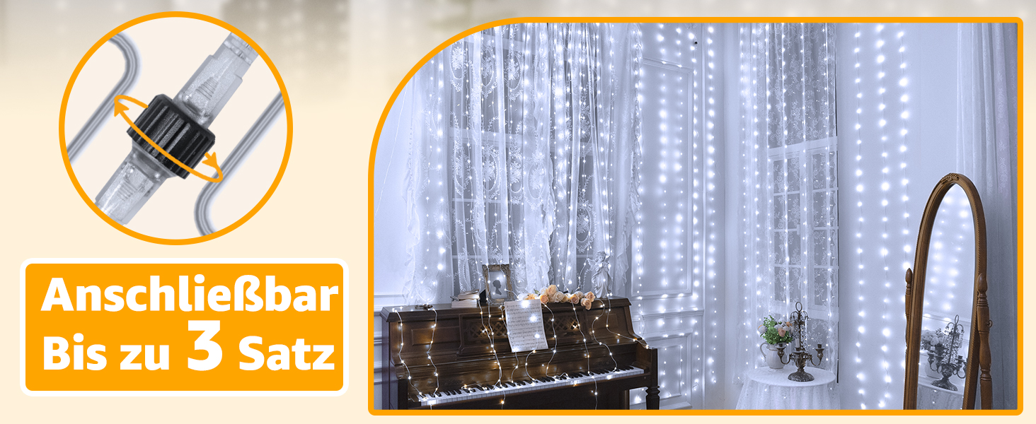 Льодосвітний штора-гірлянда для декору приміщень та вулиці, 3x3м, 300 LED, 8 режимів, IP67, пульт, таймер, димування, для декору на Різдво, двері, стіни, вечірки, вікна, балкон (тепле біле світло)