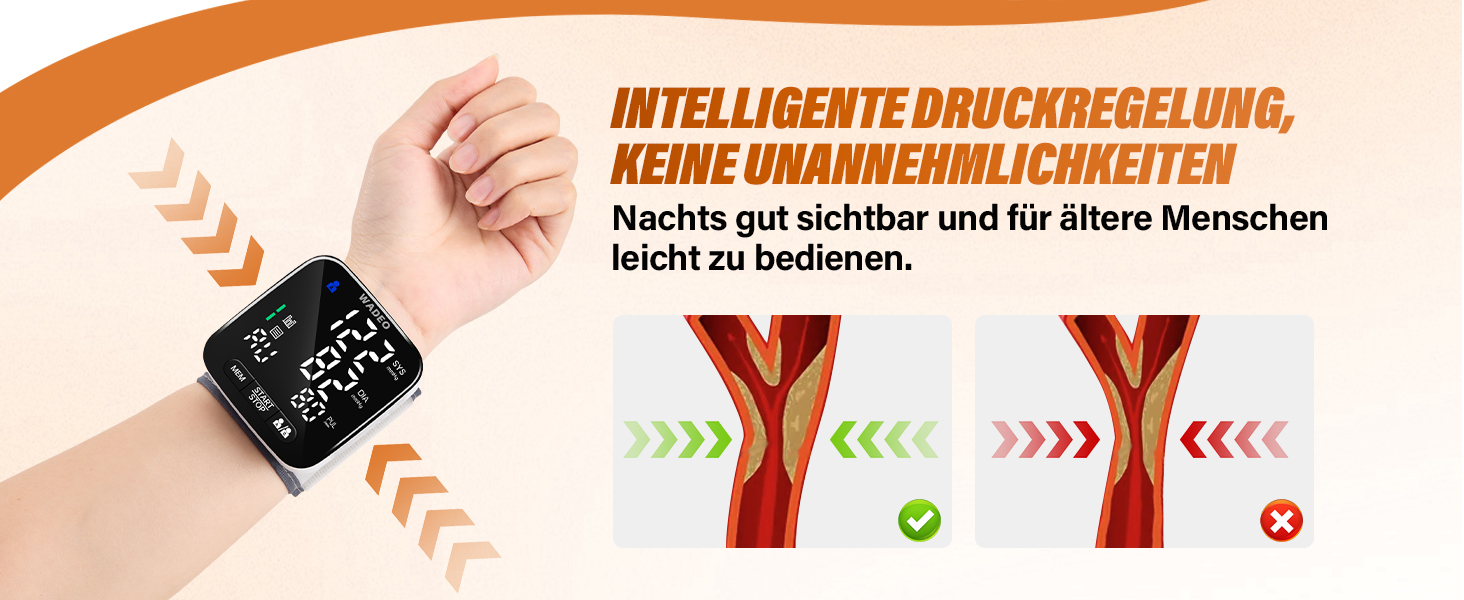 Цифровий тонометр WADEO на зап'ясті, оголошення 5 мовами, виявлення аритмії, портативний тонометр для дому та в дорогу, 2 x 99 пам'ять, з батарейками та коробкою для зберігання, білий