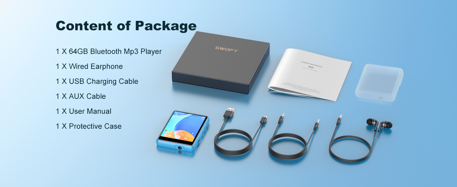 MP3 плеєр SWOFY з Bluetooth 5.3, 64GB HiFi музичний плеєр з динаміком, FM-радіо та диктофоном, 2.4