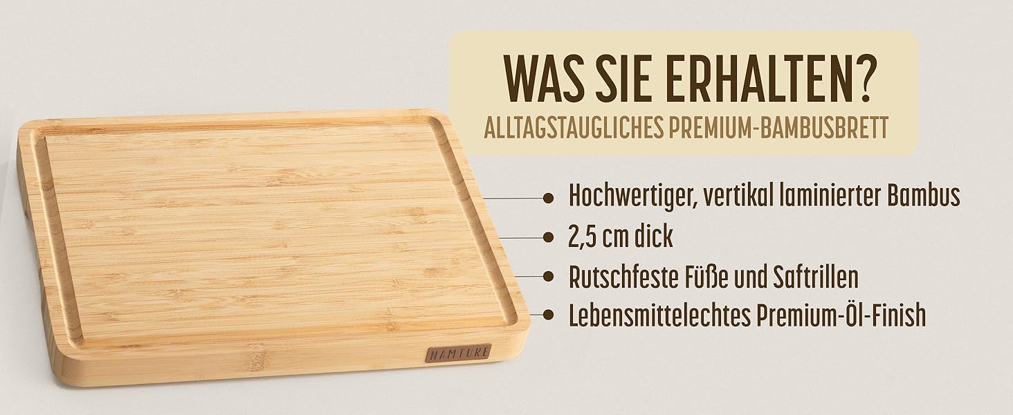 Дерев'яний обробний дошка Stirnholz 45x30 см з бамбука, преміум-якість, з жолобом для соку та антиковзними ніжками, у подарунковій коробці