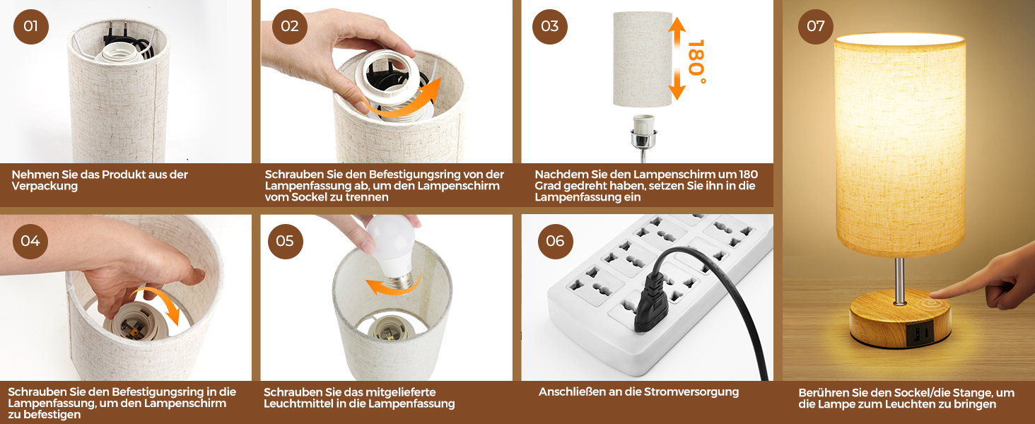 Настільна лампа Suright з торшером, сенсорне керування, диммування, USB A+C, тканинний абажур, дерев'яний цоколь, для спальні/вітальні (LED, 1 шт.) - бежева