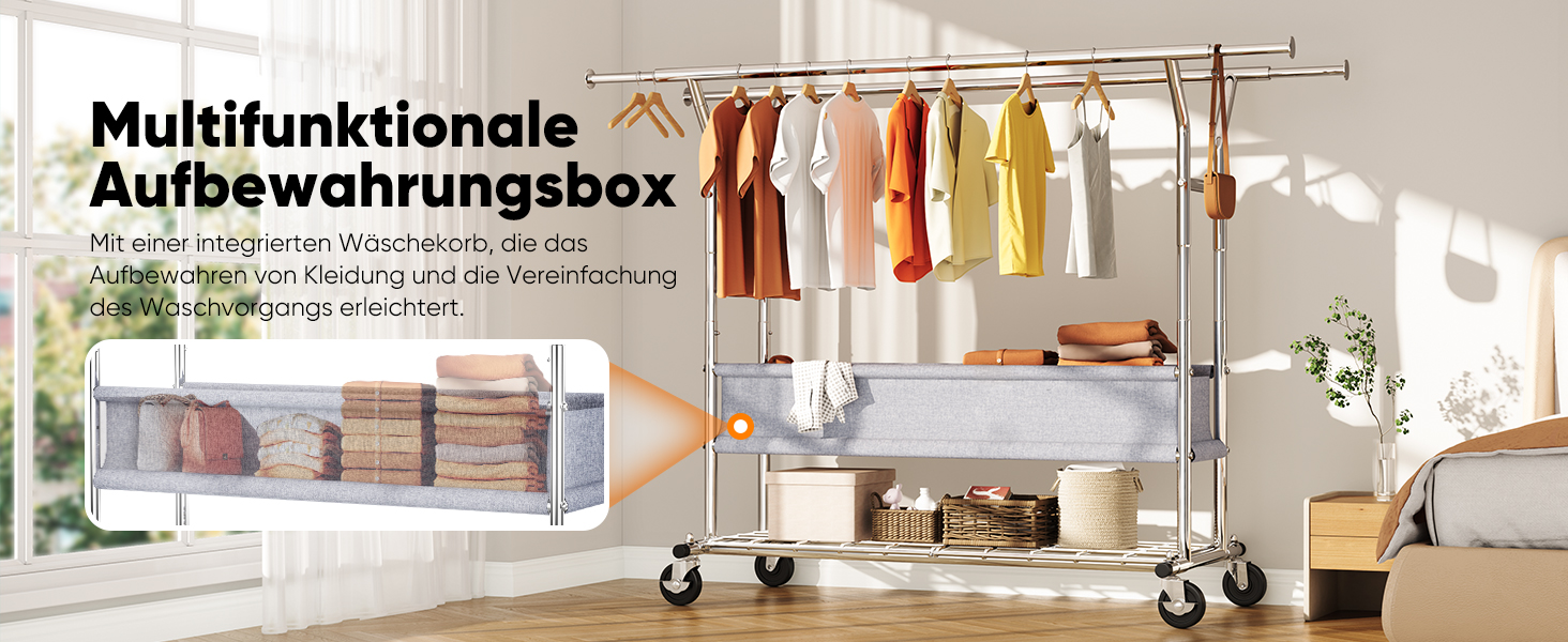 Підставка для одягу HOKEEPER на колесах, подвійна штанга, вантажопідйомність до 283 кг, промисловий дизайн, з полицею та кошиком для білизни, регульована довжина та висота (D005)