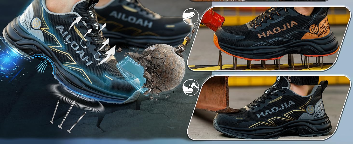 Черевики безпеки для чоловіків та жінок, робочі черевики, легкі, зручні, з металевим носком, дихаючі, антиковзаючі, для будівництва, майстерні, складу, саду, 43 EU, чорні