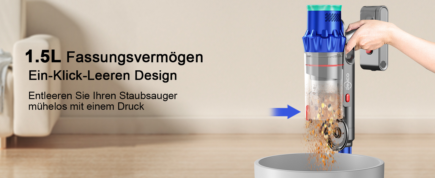 PINICO Бездротовий акумуляторний пилосос 550W з автоматичним режимом та щіткою Anti-Tangle, для твердих підлог, килимів та шерсті тварин (Blue+grey)