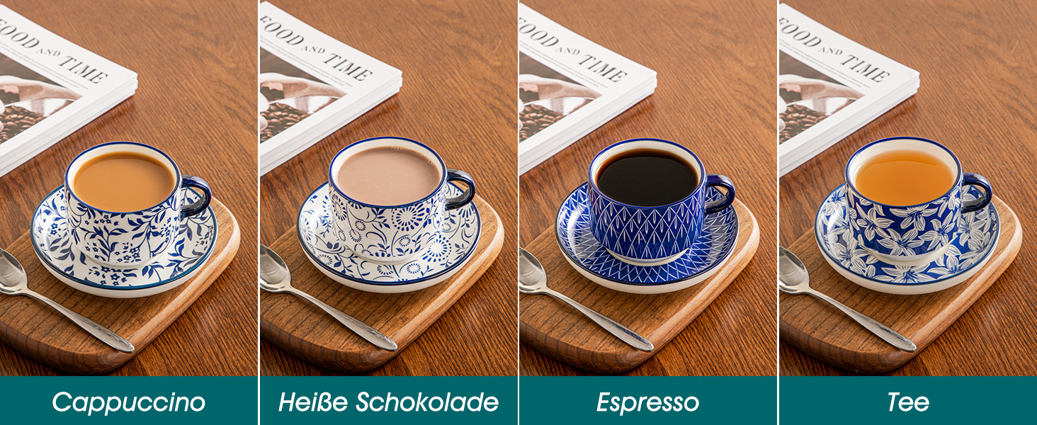 Набір чашок для еспресо Vancasso SELENE: 4 шт., з підставкою та стійкою, блакитно-білий вінтажний дизайн, порцеляна, для кави, капучино, лате та чаю