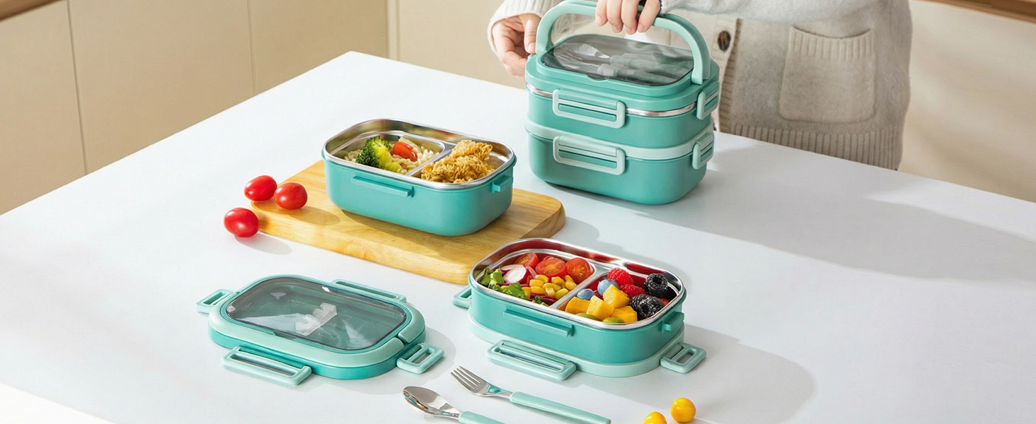 Ланчбокс Lille Home з 2 ярусами, 4 відділення, 1650 мл, з посудом, BPA-free, не протікає (Зелений)