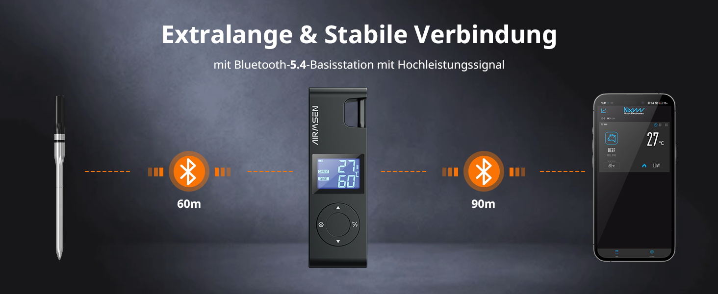 Бездротовий м'ясний термометр AIRMSEN з Bluetooth, керамічною термостійкою ручкою, LCD-дисплеєм, 150 м радіусом, акумулятором 1000 мАг, для гриля, барбекю, копчення