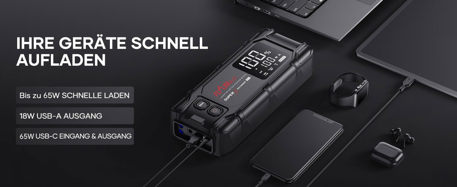 Powerbank Flylinktech 8000A для авто: 26800mAh, 8000A, PD65W, Jump Starter для бензинових та дизельних двигунів (до 12.0L)