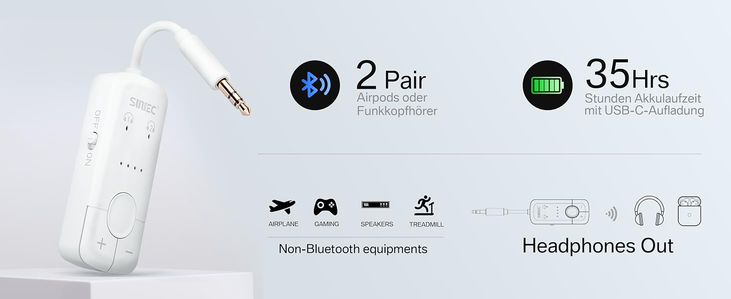 Bluetooth-адаптер AirFly для навушників у літаку, бездротовий аудіо-трансмітер для подорожей, білий