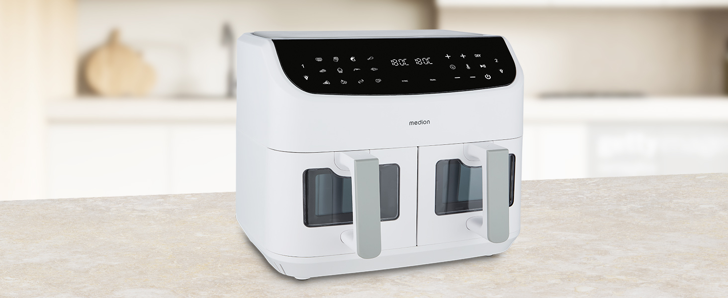 MEDION P20 XXL Фритюрниця для повітря з 2 камерами (8,7 л, 2600 Вт, 10 програм, ILAG PFAS-free, MD11760) матово-біла