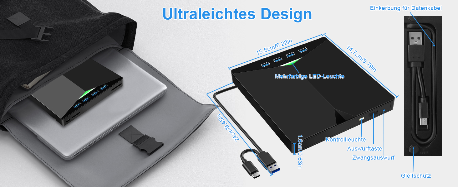 Зовнішній USB 3.0 CD/DVD привід-записувач з Type-C та багатофункціональним картрідером (USB, SD, TF) для ноутбука та ПК, Windows/Linux