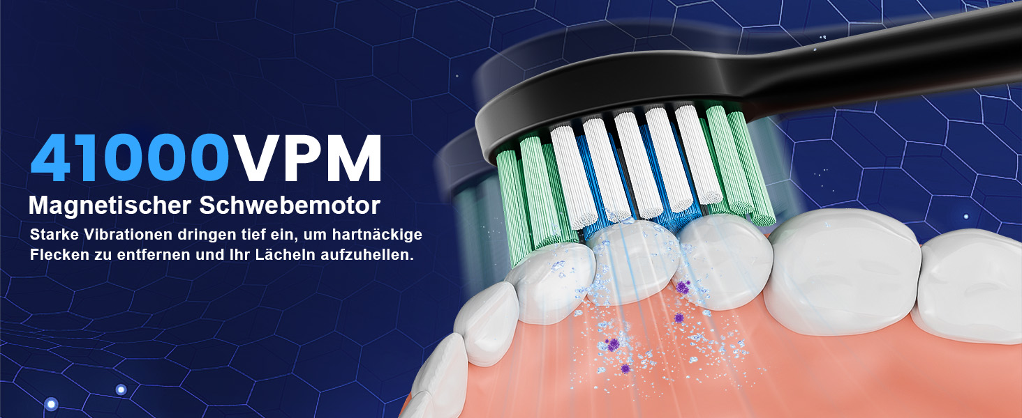 Електрична зубна щітка Betterchoi з магнітною левітацією, 41 000 VPM, 4 насадки, IPX7, 180 днів роботи від акумулятора, 5 режимів, таймер, чорний колір